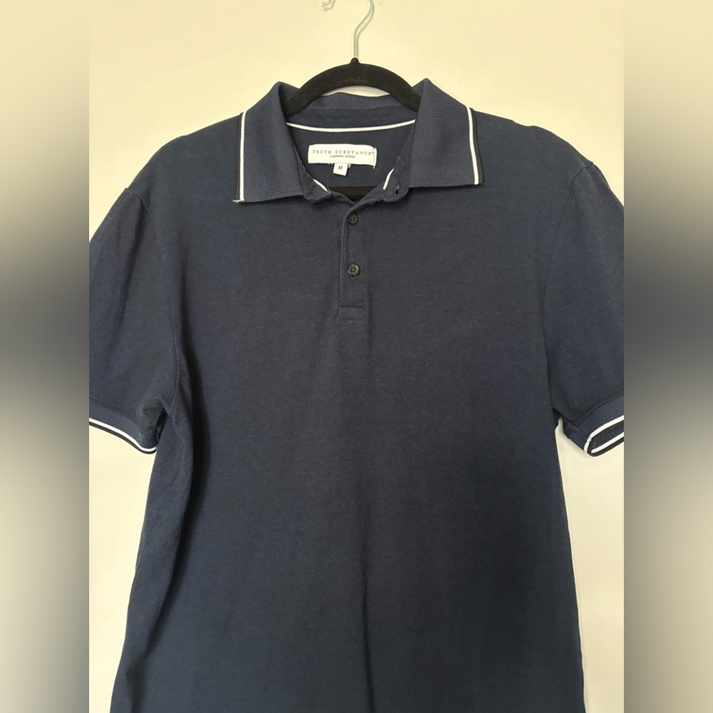 Mens Truth & Substance Classic Navy Polo Shirt Size M Contrast Trim Minimal - Picture 2 of 9